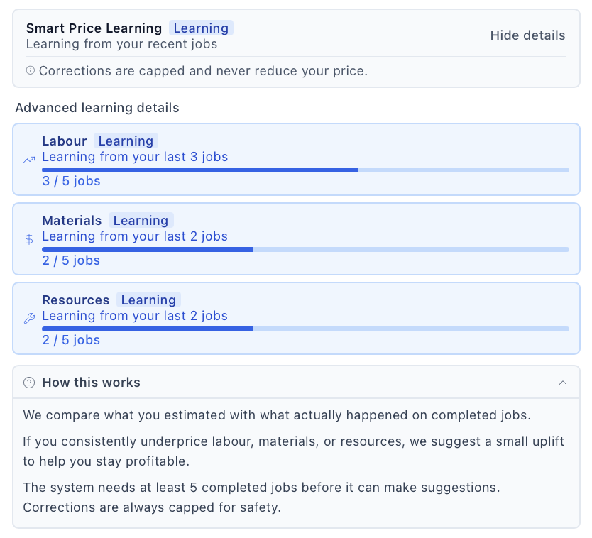 Smart price learning from past jobs in RateCheck